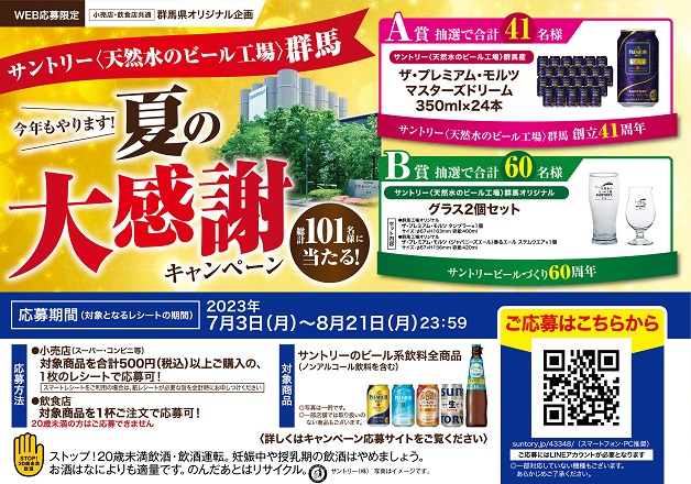（終了しました）【群馬県オリジナル企画】「サントリー〈天然水のビール工場〉群馬 夏の大感謝キャンペーン」今年もやります！
