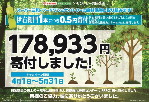 【スーパー三和・フードワン×サントリー】「森林保護取り組み活動」キャンペーンの売上金額の一部を寄付しました。