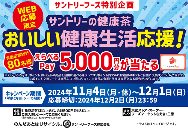 （終了しました）「えらべるPay」5,000円分が当たる「サントリーの健康茶 おいしい健康生活応援！」キャンペーン♪