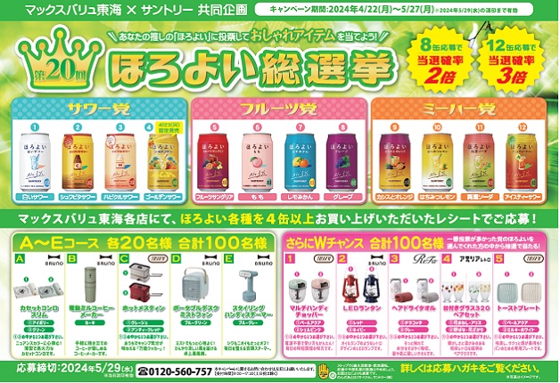 (終了しました)【マックスバリュ東海×サントリー】あなたの推しの「ほろよい」に投票しておしゃれアイテムを当てよう！「第20回ほろよい総選挙」