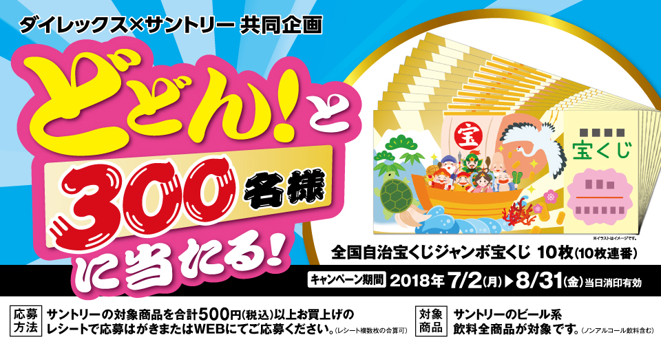 ダイレックス×サントリー共同企画 どどん！と300名様に当たる！ 全国自治宝くじジャンボ宝くじ 10枚（10枚連番） ※イラストはイメージです。 キャンペーン期間 2018年7月2日（月）～8月31日（金）当日消印有効 応募方法 サントリーの対象商品を合計500円（税込）以上お買上げのレシートで応募はがきまたはWEBにてご応募ください。（レシート複数枚の合算可） 対象商品 サントリーのビール系飲料全商品が対象です。（ノンアルコール飲料含む）