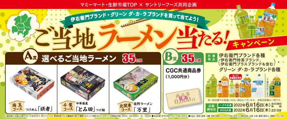 マミーマート・生鮮市場TOP × サントリーフーズ共同企画 伊右衛門ブランド・グリーン ダ・カ・ラブランドを買って当てよう！ご当地ラーメン当たる！キャンペーン A賞 選べるご当地ラーメン 35名様 埼玉コース つけめん「頑者」 千葉コース 中華蕎麦「とみ田」つけ麺 北関東コース 佐野ラーメン「四川飯店」 B賞 35名様 CGC商品券（1,000円分） 対象商品 伊右衛門ブランド各種（伊右衛門特茶ブランド、伊右衛門プラスブランドも含む） グリーン ダ・カ・ラブランド各種 ※一部店舗では取扱いのない商品もございます。 ※商品画像は一例です。 応募締切日 ハガキ応募 2022年6月16日（木）※当日消印有効 WEB応募 2022年6月16日（木）23：59 ※[届出表示]本品には茶カテキンが含まれます。 茶カテキンには、肥満気味の方の内臓脂肪を減らす機能があることが報告されています。[一日摂取目安量]600ml：2本1200ml 2L：1200ml ●本品は国の許可を受けたものではありません。●本品は、疾患の診断、治療、予防を目的としたものではありません。 食生活は、主食、主菜、副菜を基本に、食事のバランスを。