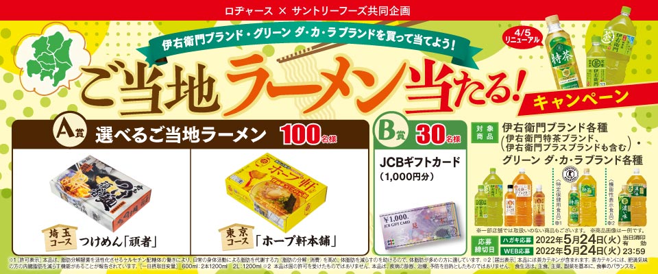 ロヂャース × サントリーフーズ共同企画 伊右衛門ブランド・グリーン ダ・カ・ラブランドを買って当てよう！ご当地ラーメン当たる！キャンペーン A賞 選べるご当地ラーメン 100名様 埼玉コース つけめん「頑者」 東京コース 「ホープ軒本舗」 B賞 30名様 JCBギフトカード（1,000円分） 対象商品 伊右衛門ブランド各種（伊右衛門特茶ブランド、伊右衛門プラスブランドも含む） グリーン ダ・カ・ラブランド各種 ※一部店舗では取扱いのない商品もございます。 ※商品画像は一例です。 応募締切日 ハガキ応募 2022年5月24日（火）※当日消印有効 WEB応募 2022年5月24日（火）23：59 ※1[許可表示]本品は、脂肪分解酵素を活性化させるケルセチン配糖体の働きにより、日常の身体活動による脂肪を代謝する力（脂肪の分解・消費）を高め、体脂肪を減らすのを助けてくれるので、体脂肪が多めの方に適しています。 ※2[届出表示]本品には茶カテキンが含まれます。 茶カテキンには、肥満気味の方の内臓脂肪を減らす機能があることが報告されています。[一日摂取目安量]600ml：2本1200ml 2L：1200ml ※2本品は国の許可を受けたものではありません。 本品は、疾患の診断、治療、予防を目的としたものではありません。 食生活は、主食、主菜、副菜を基本に、食事のバランスを。