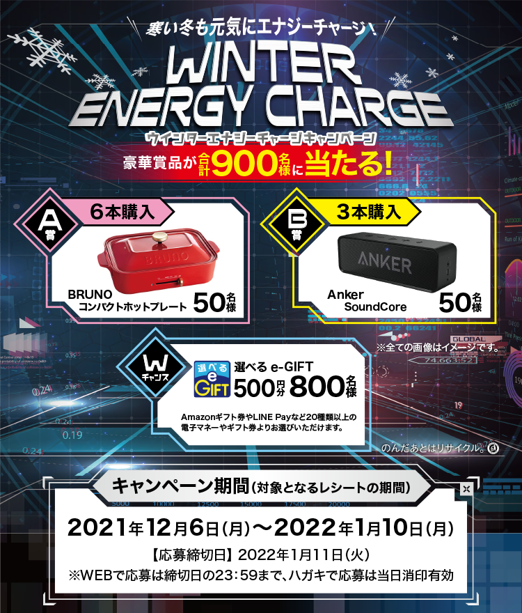 寒い冬も元気にエナジーチャージ！ WINTER ENERGY CHARGE ウインターエナジーチャージキャンペーン 豪華賞品が合計900名様に当たる！ 【A賞（6本購入）】BRUNO コンパクトホットプレート 50名様 【B賞（3本購入）】Anker SoundCore 50名様 【Wチャンス】選べるe-GIFT500円分 800名様 Amazonギフト券やLINE Payなど20種類以上の電子マネーやギフト券よりお選びいただけます。 【キャンペーン期間（対象となるレシートの期間）】2021年12月6日（月）～2022年1月10日（月）【応募締切日】2022年1月11日（火）※WEBで応募は締切日の23:59まで、ハガキで応募は当日消印有効 ※全ての画像はイメージです。 のんだあとはリサイクル。